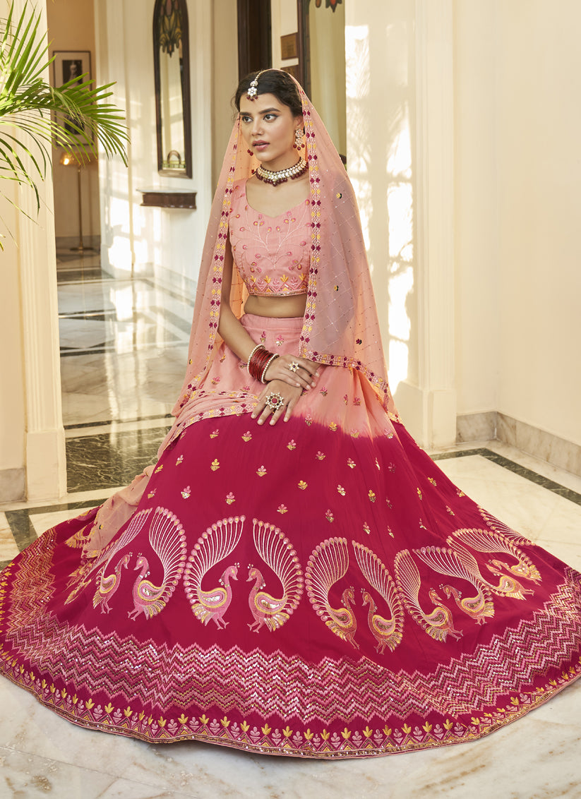 Strawberry and Peach Art Silk Embroidered Wedding Lehenga Choli