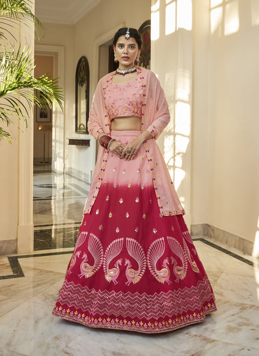 Strawberry and Peach Art Silk Embroidered Wedding Lehenga Choli