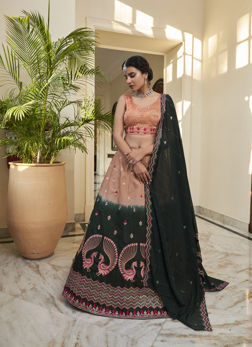 Pine Green and Salmon Orange Art Silk Embroidered Wedding Lehenga Choli