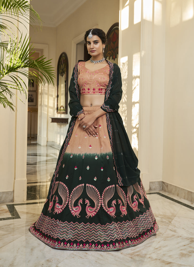 Pine Green and Salmon Orange Art Silk Embroidered Wedding Lehenga Choli