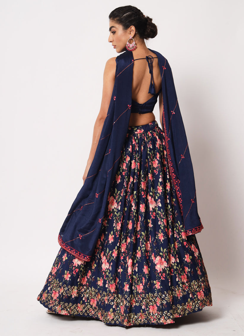 Navy Blue Art Silk Embroidered Lehenga Choli