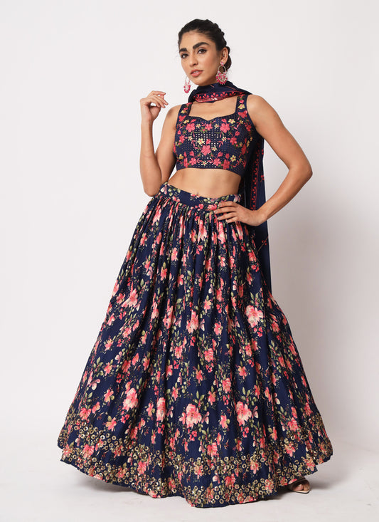 Navy Blue Art Silk Embroidered Lehenga Choli