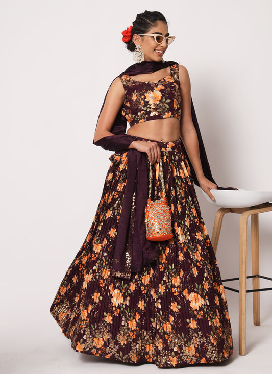 Wine Art Silk Embroidered Lehenga Choli