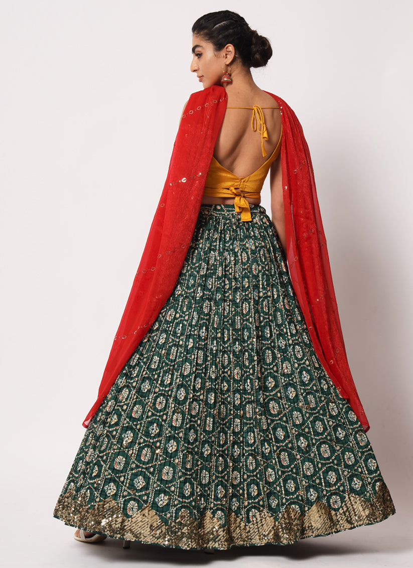 Bottle Green Art Silk Embroidered Lehenga Choli