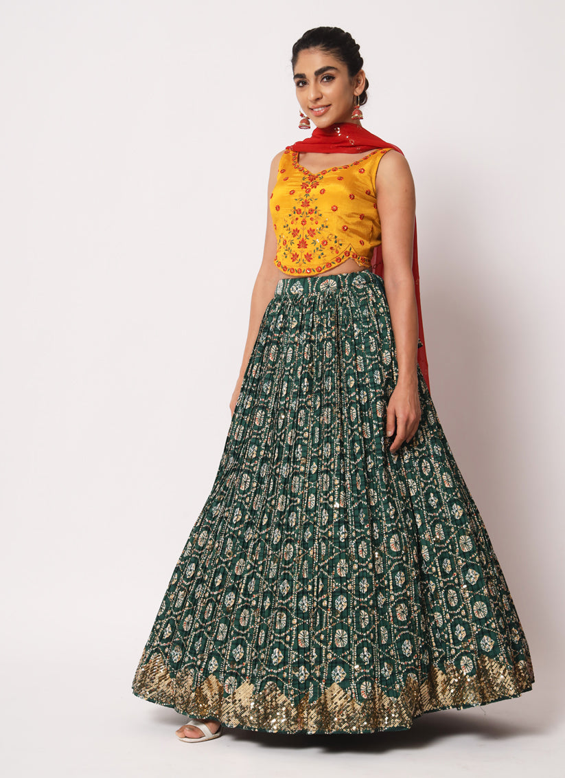 Bottle Green Art Silk Embroidered Lehenga Choli