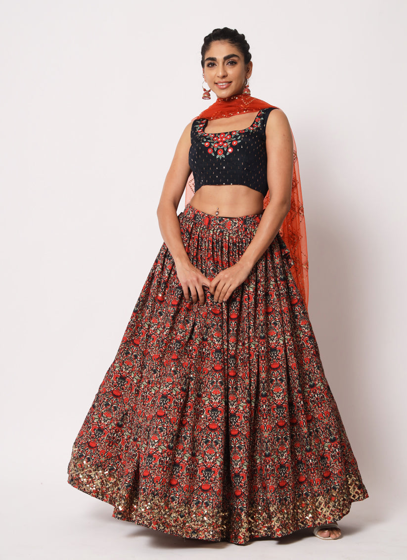 Navy Blue Art Silk Embroidered Lehenga Choli