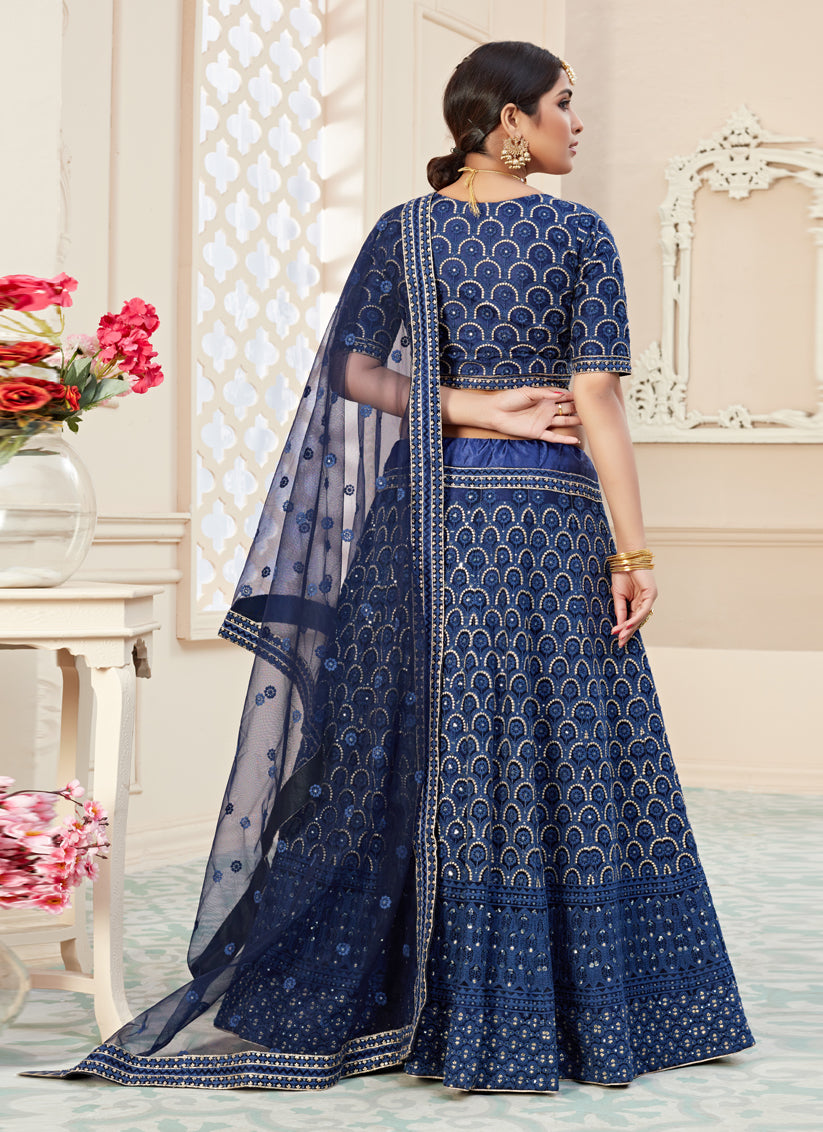 Cobalt Blue Net Embroidered Designer Lehenga Choli