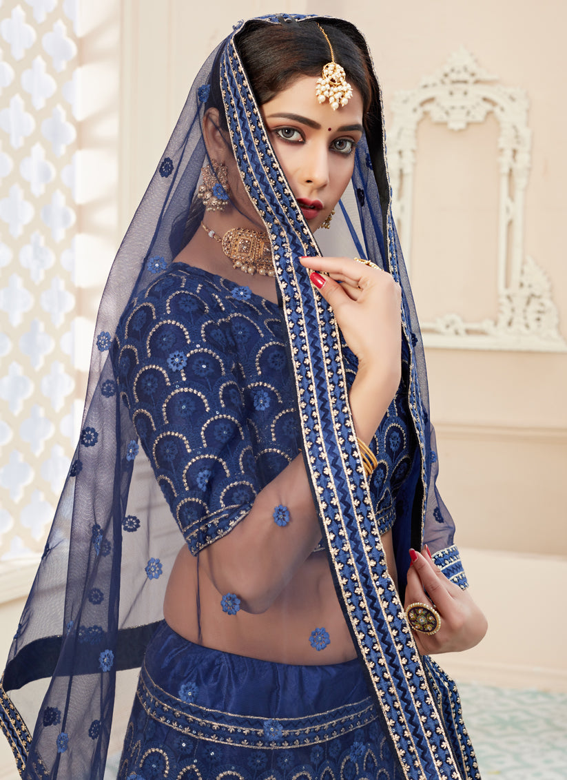 Cobalt Blue Net Embroidered Designer Lehenga Choli