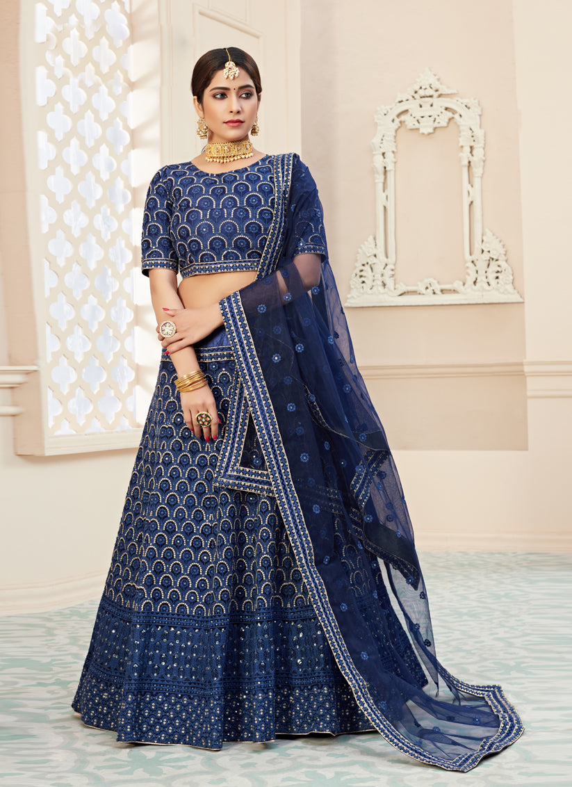 Cobalt Blue Net Embroidered Designer Lehenga Choli