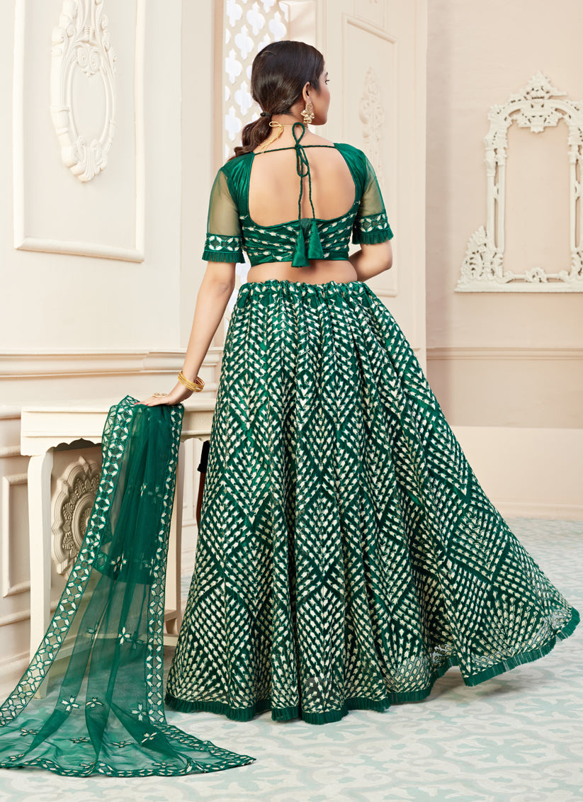 Bottle Green Net Embroidered Designer Lehenga Choli