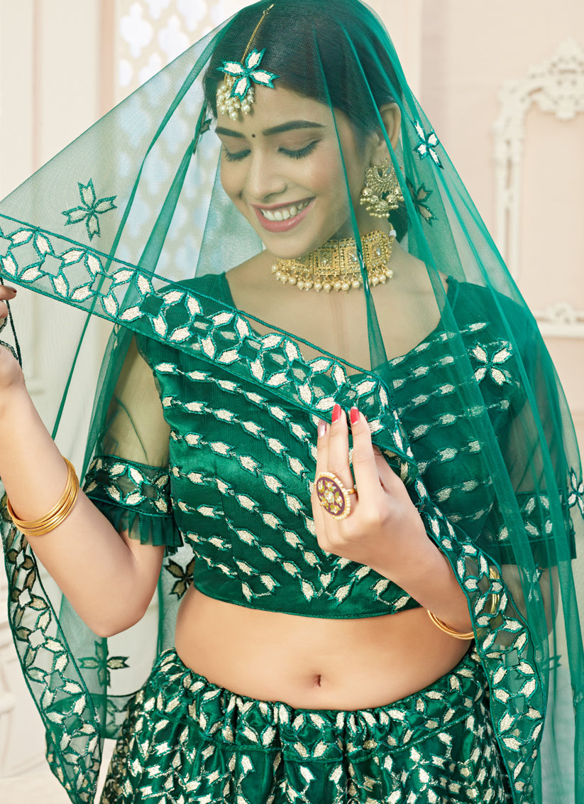 Bottle Green Net Embroidered Designer Lehenga Choli