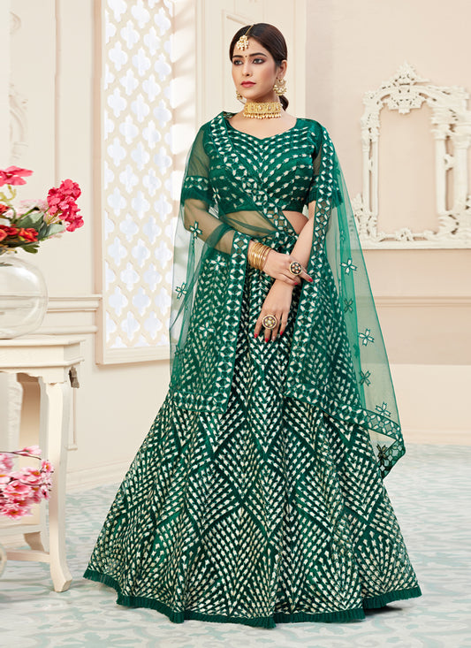 Bottle Green Net Embroidered Designer Lehenga Choli