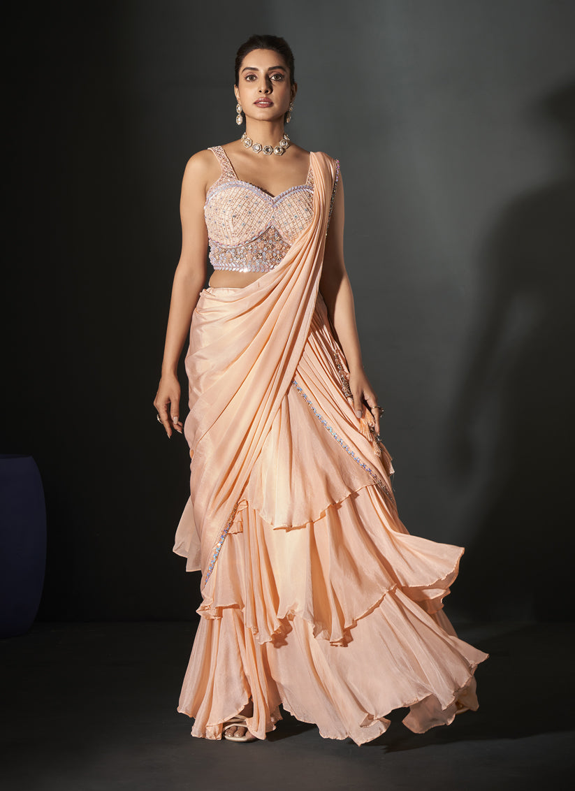 Peach Georgette Designer Ready to Wear Saree