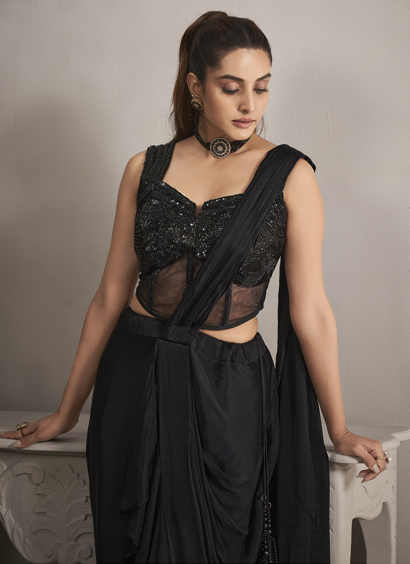 Black Pure Chinnon Ready to Wear Saree