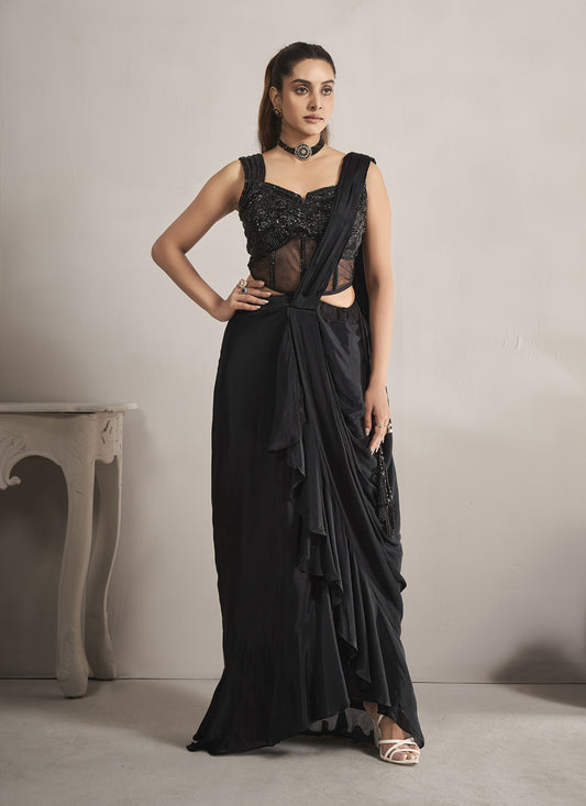 Black Pure Chinnon Ready to Wear Saree