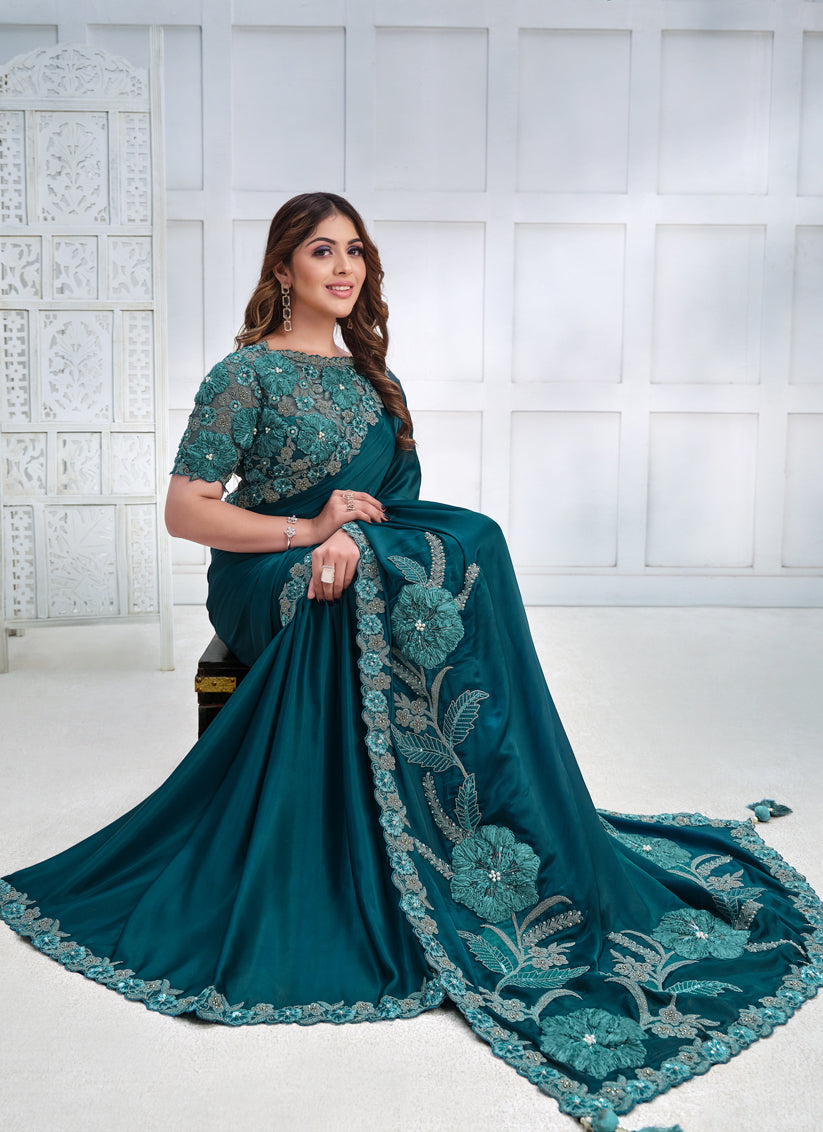 Teal Blue Cord Embroidered Heavy Designer Saree