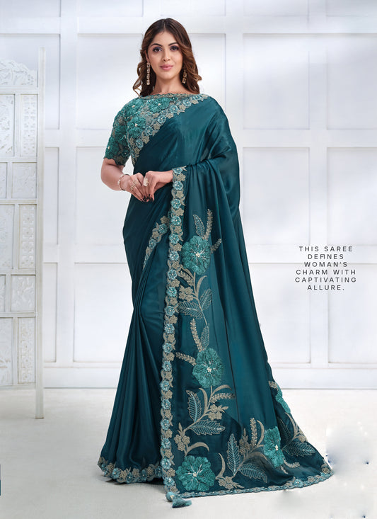 Teal Blue Cord Embroidered Heavy Designer Saree