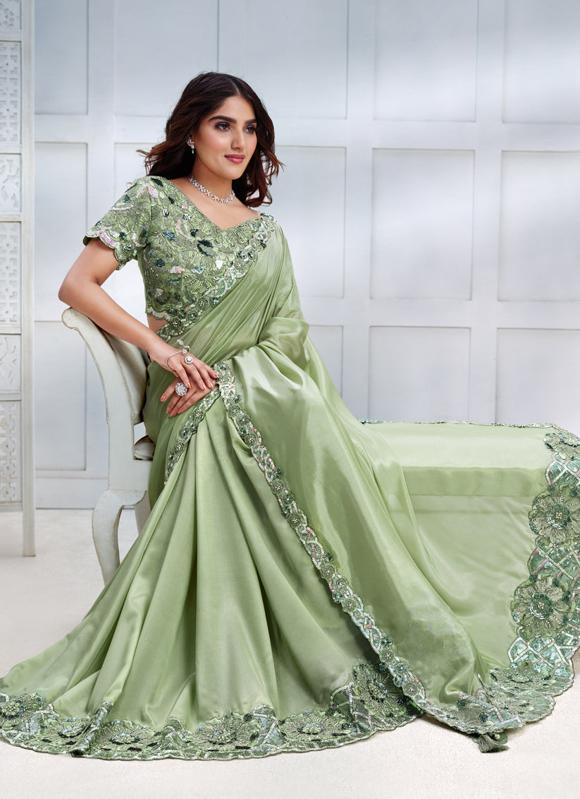 Pista Green Cord Embroidered Heavy Designer Saree