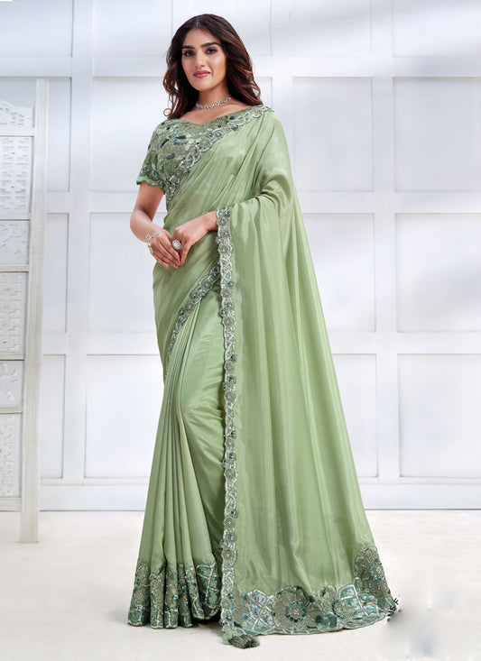 Pista Green Cord Embroidered Heavy Designer Saree