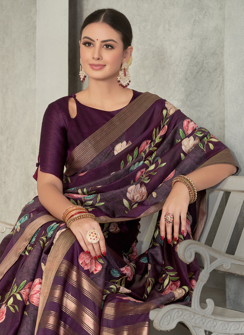 Wine Tussar Silk Saree for Party