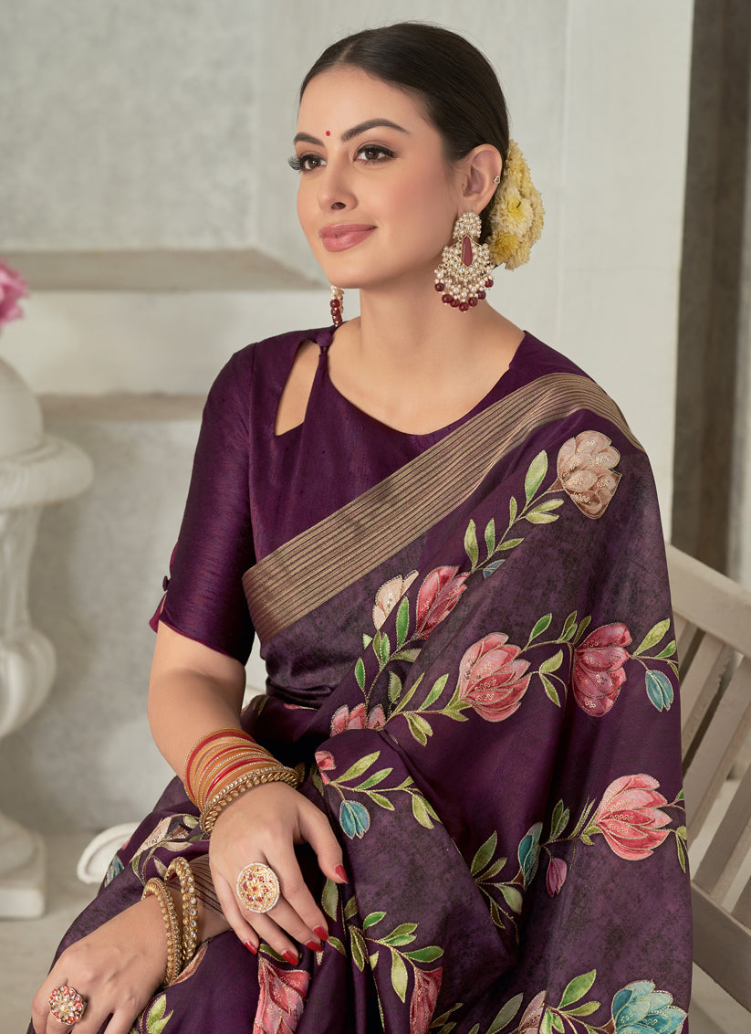 Wine Tussar Silk Saree for Party