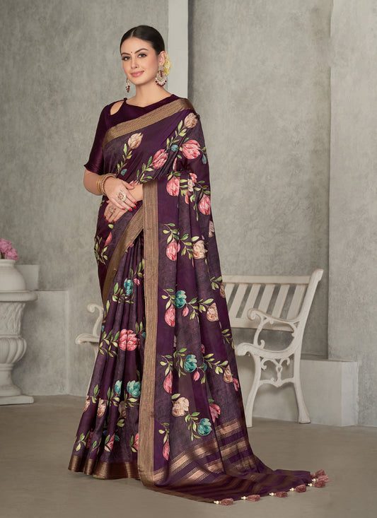 Wine Tussar Silk Saree for Party