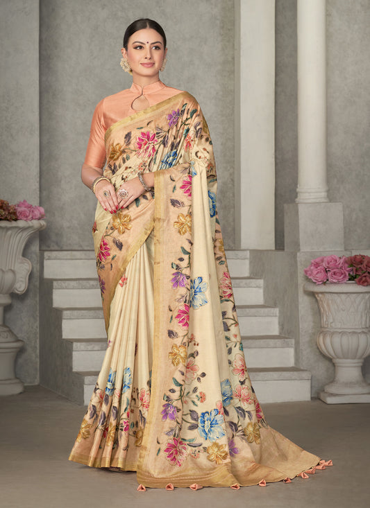 Beige Tussar Silk Saree for Party