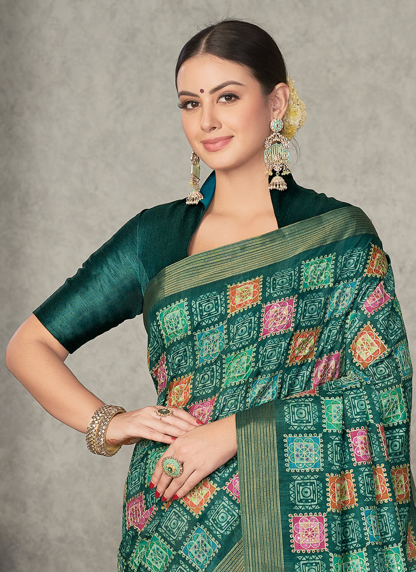 Green Tussar Silk Saree for Party