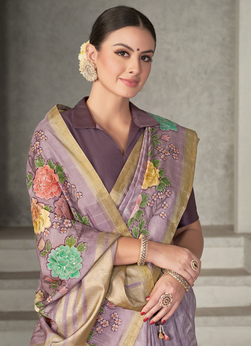 Lavender Tussar Silk Saree for Party