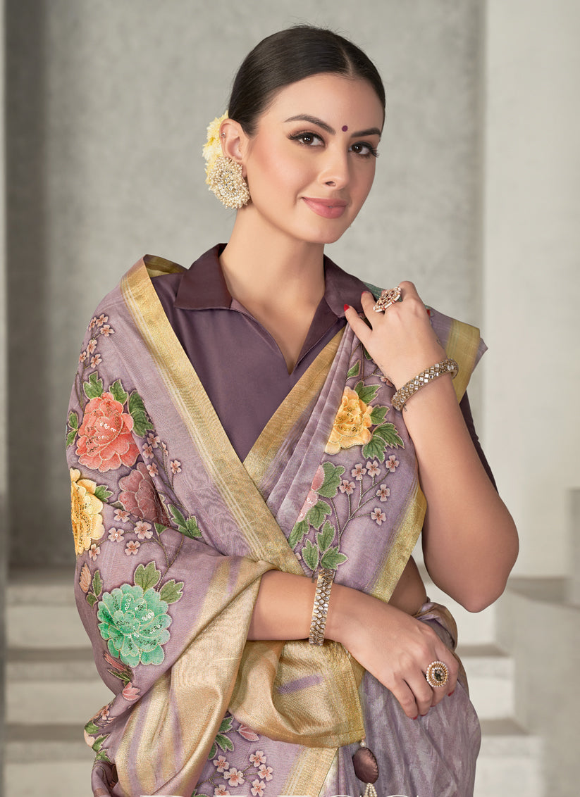 Lavender Tussar Silk Saree for Party