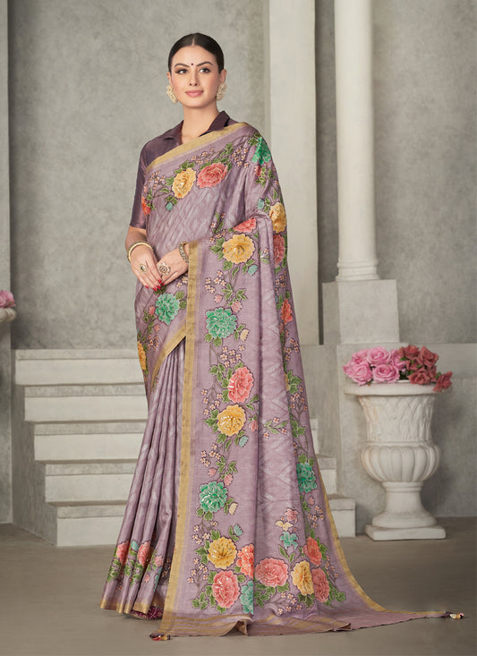 Lavender Tussar Silk Saree for Party