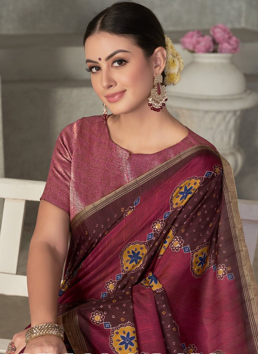 Maroon Tussar Silk Saree for Party