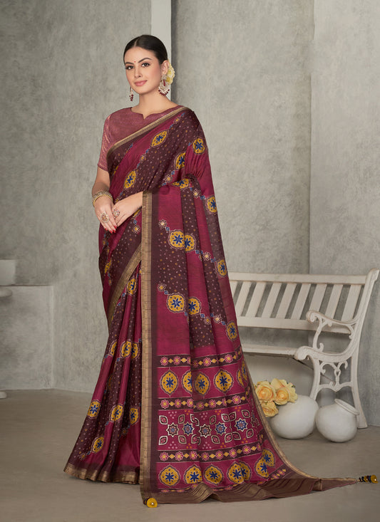 Maroon Tussar Silk Saree for Party