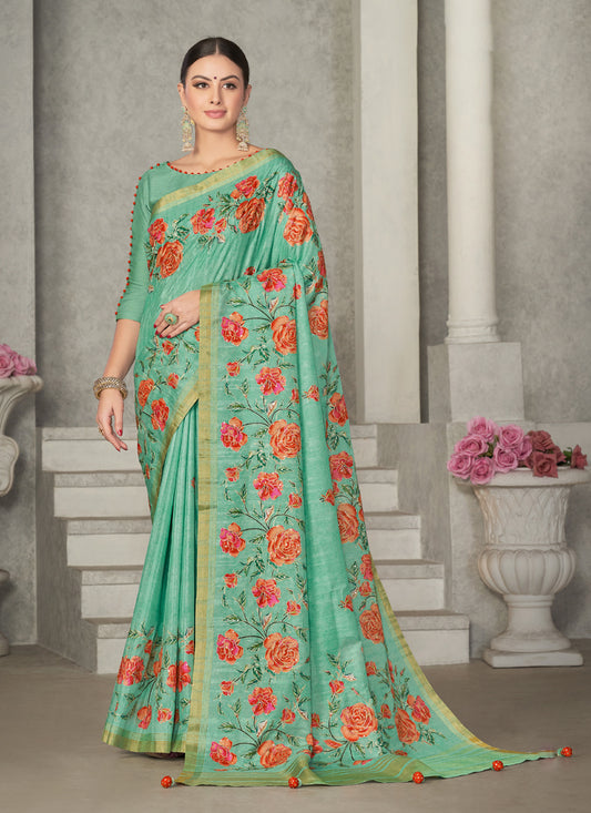 Sea Green Tussar Silk Saree for Party