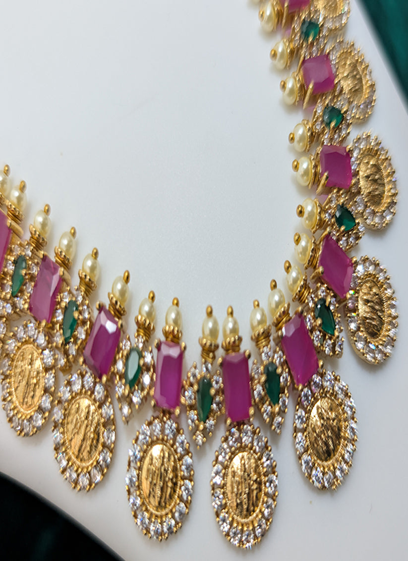 Classic Pink Stone Studded & Beaded Choker Necklace Set