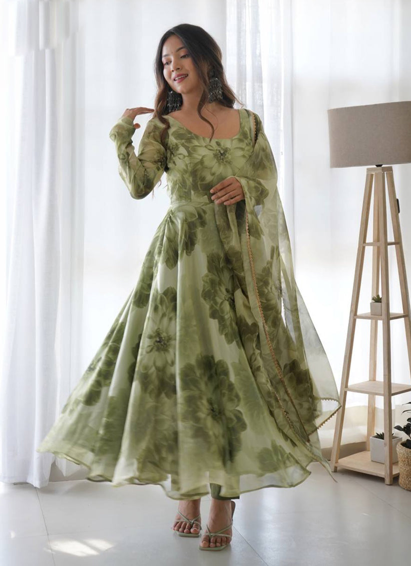 Pista Green Organza Gown with Dupatta