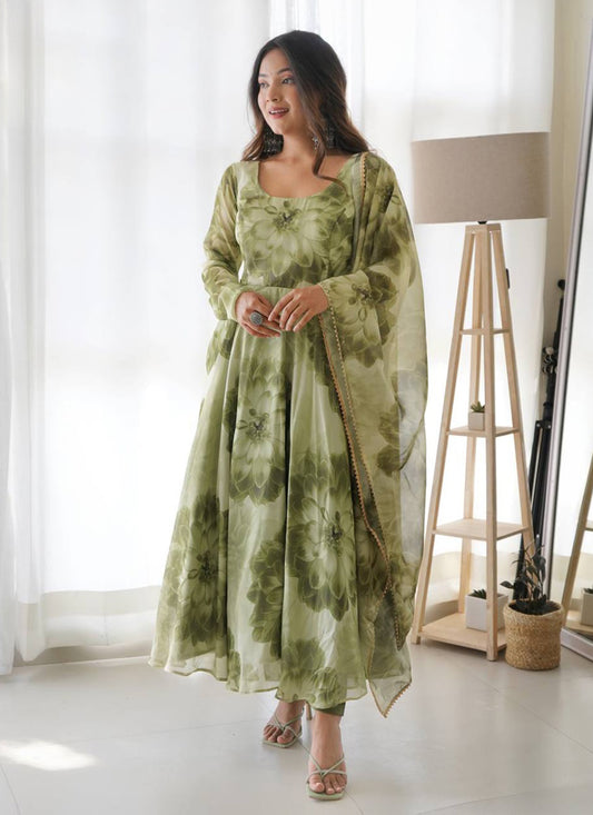 Pista Green Organza Gown with Dupatta