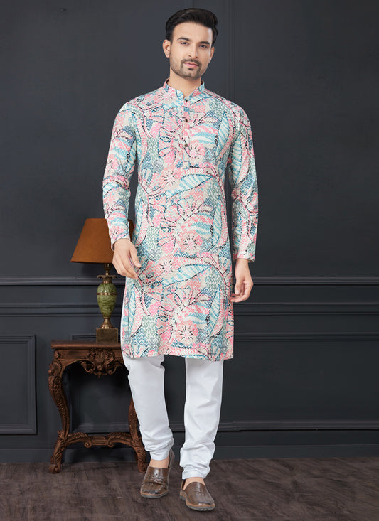 Multicolor Rayon Printed Mens Kurta Pajama Set