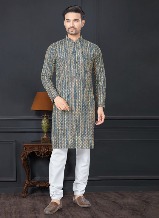 Navy Blue and Golden Rayon Printed Mens Kurta Pajama Set