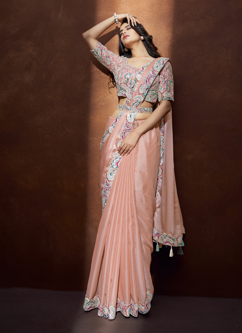 Peach Crepe Satin Silk Designer Saree with Blouse