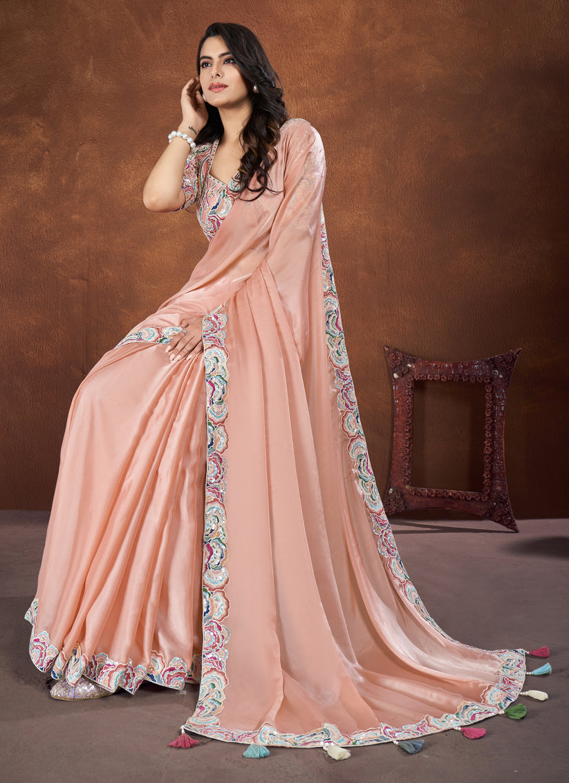 Peach Crepe Satin Silk Designer Saree with Blouse