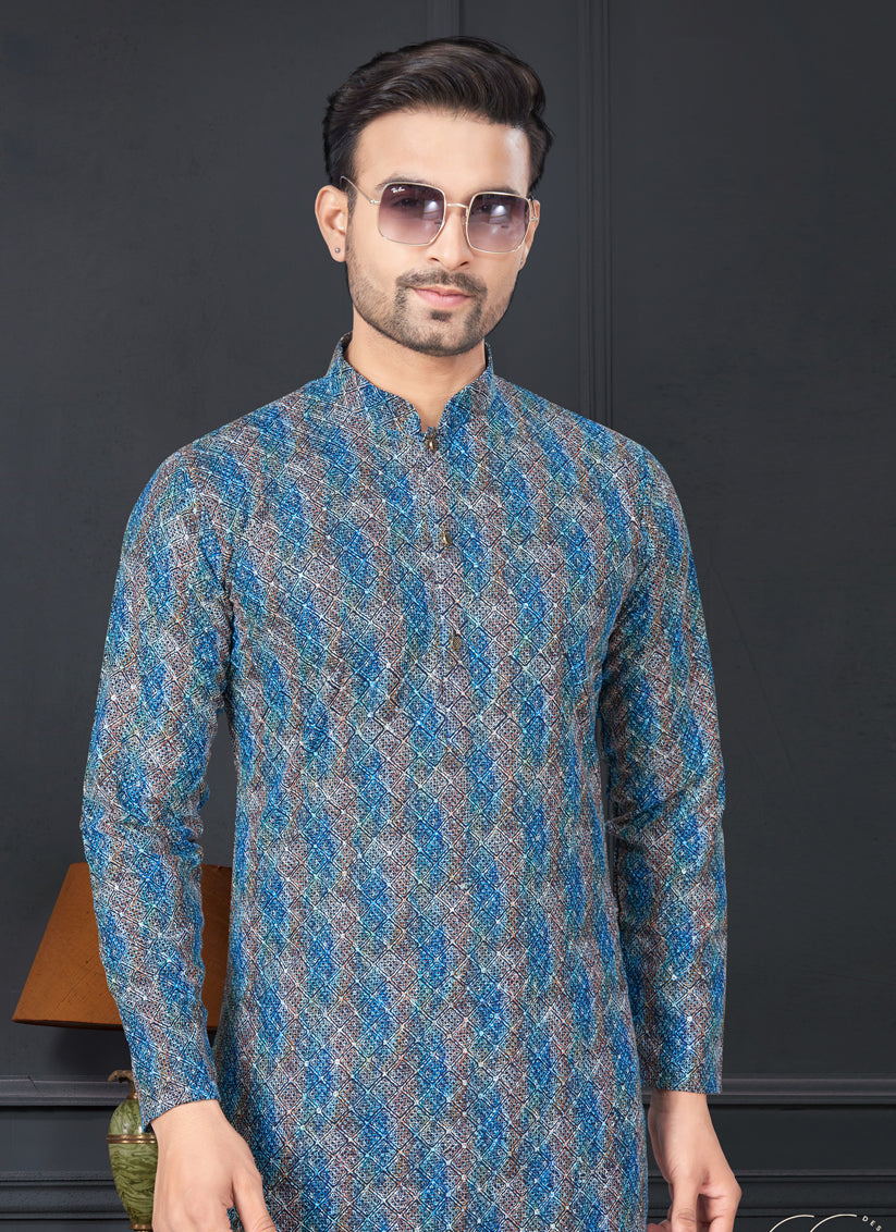 Cobalt Blue and Grey Rayon Printed Mens Kurta Pajama Set