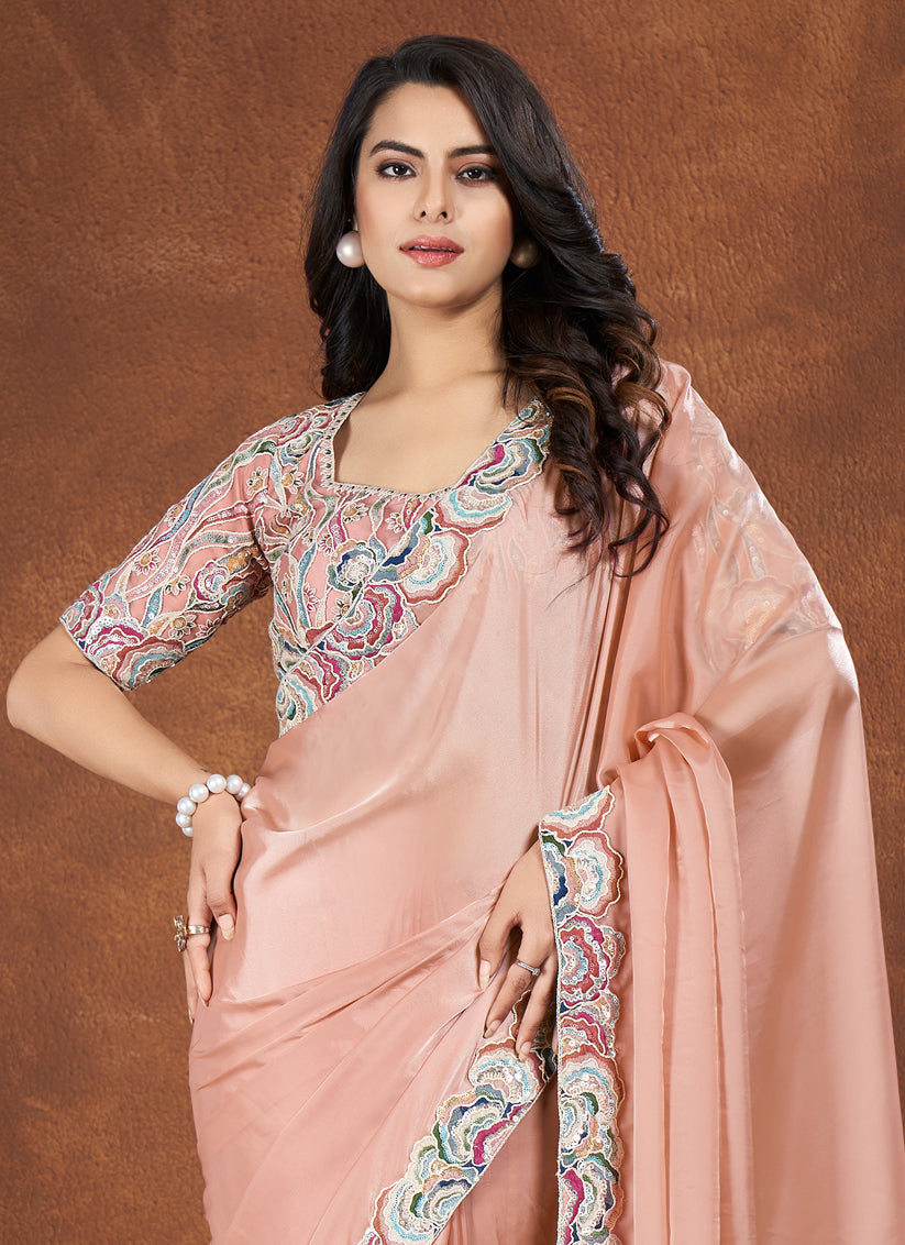 Peach Crepe Satin Silk Designer Saree with Blouse