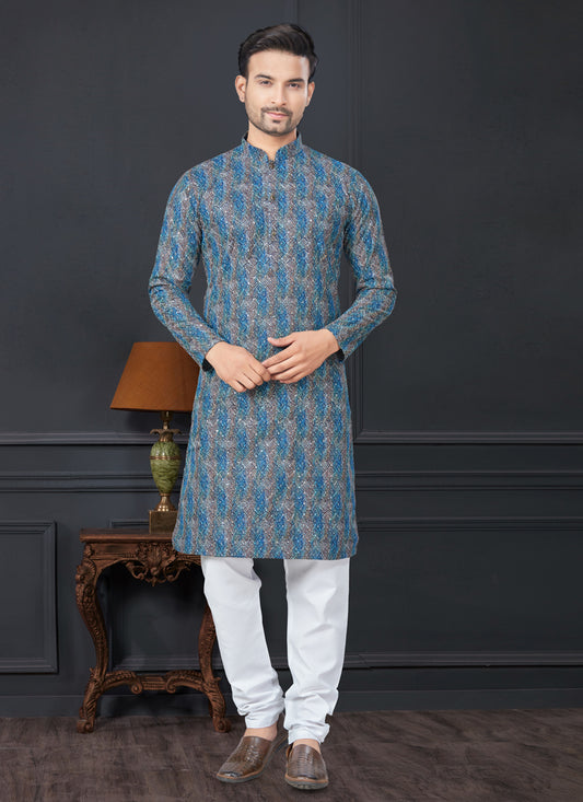 Cobalt Blue and Grey Rayon Printed Mens Kurta Pajama Set