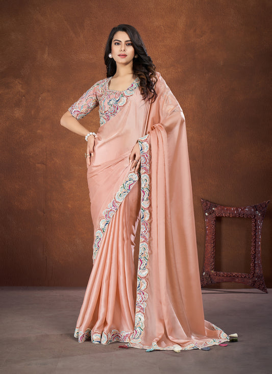 Peach Crepe Satin Silk Designer Saree with Blouse