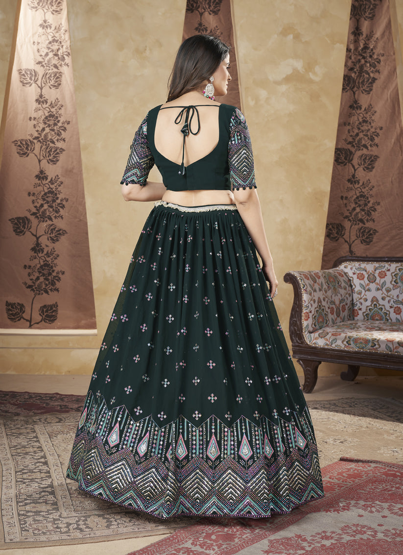 Pine Green Georgette Lehenga Choli For Festival