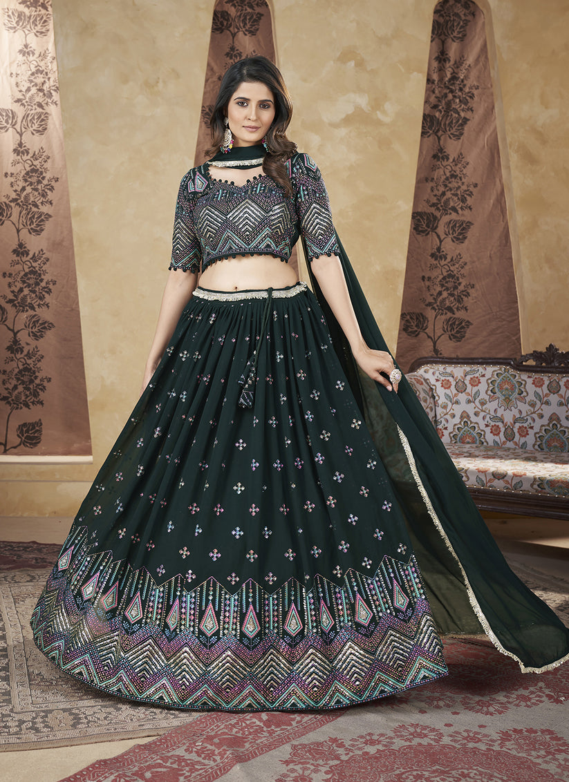 Pine Green Georgette Lehenga Choli For Festival