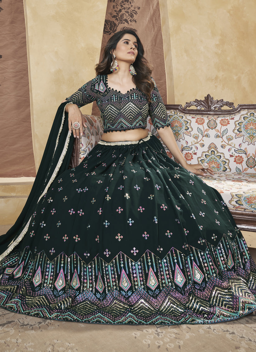 Pine Green Georgette Lehenga Choli For Festival