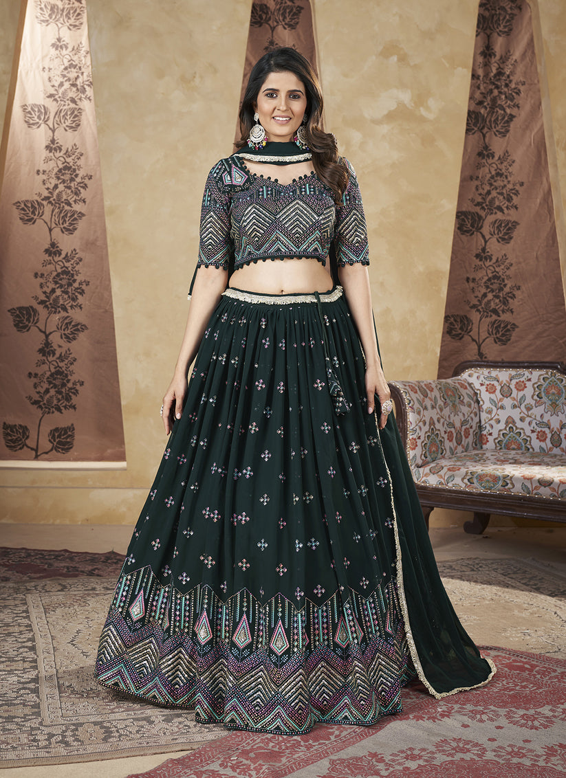 Pine Green Georgette Lehenga Choli For Festival