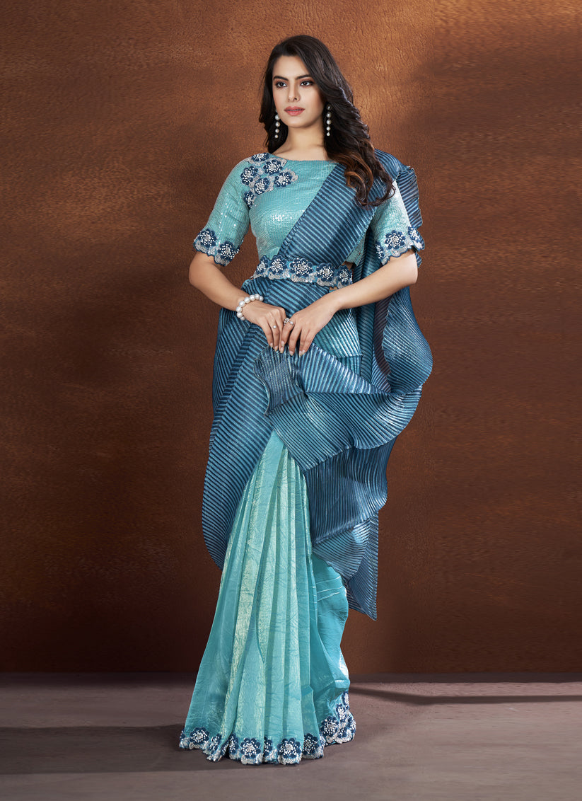 Aqua Blue Banarasi Crush Silk Designer Saree with Blouse